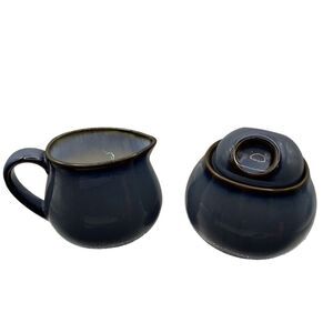 SANGO SPLASH BLUE/BROWN‎ DRIP STONEWARE Creamer Sugar Lot Of 2